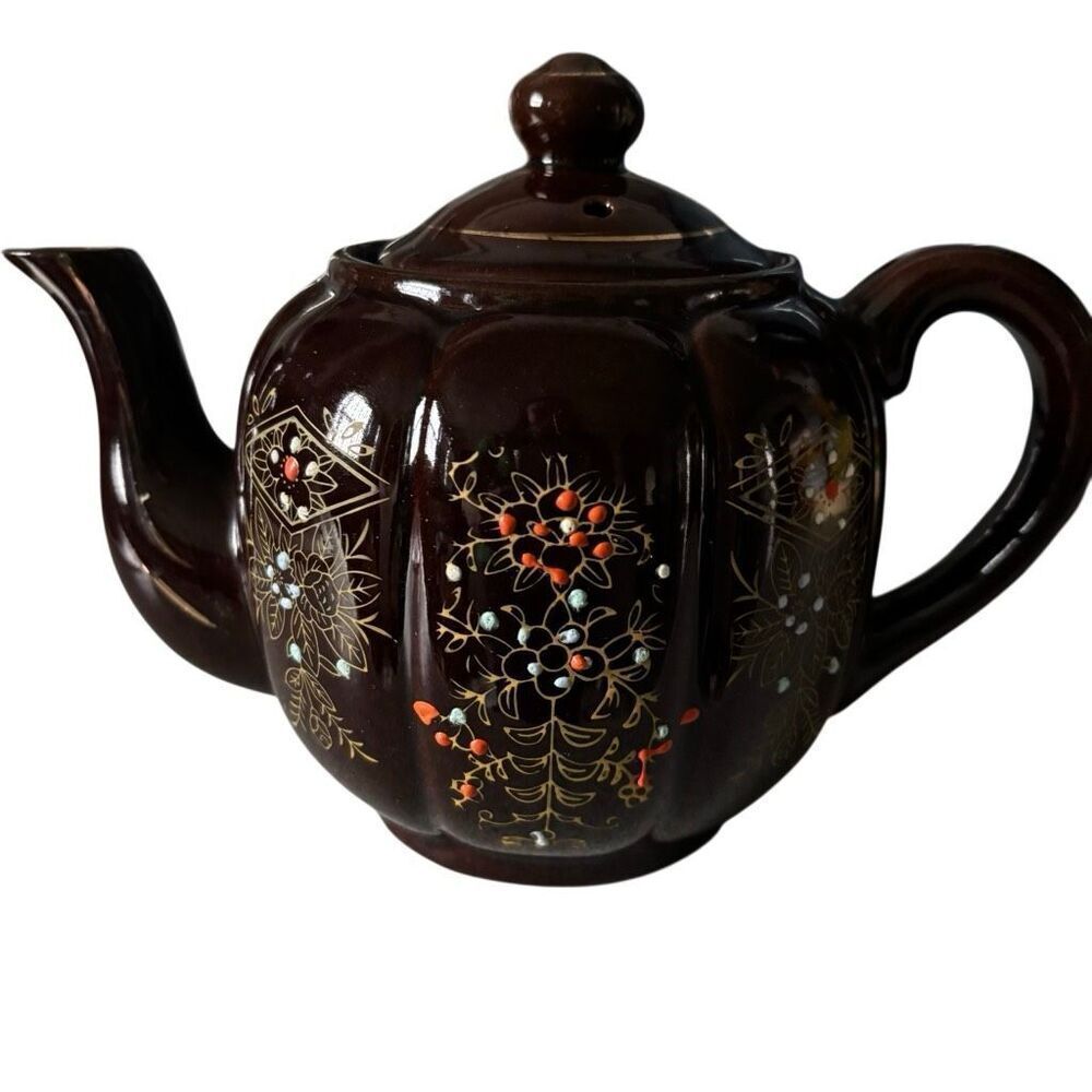 Japanese Vintage Brown Betty Redware Brown Glazed Hand Painted Teapot